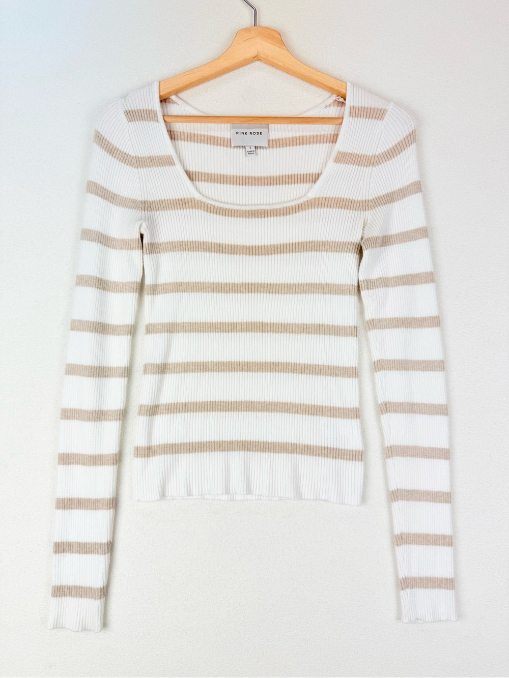 Pink Rose Cream & Tan Striped Square Neck Ribbed Sweater